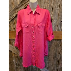 Valerie stevens linen blend hot pink roll tab sleeve button up M